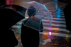 man wearing black suit jacket holding clear umbrella in front of pedestrian lane