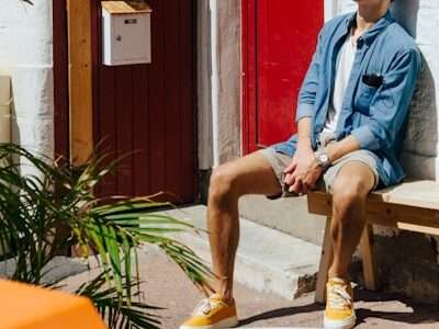 a man sitting on a bench in front of a building
